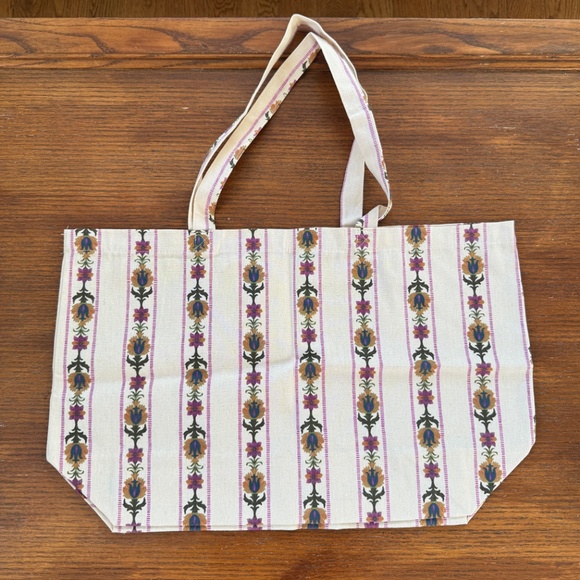 new Sézane floral mosaic tile pattern striped cotton tote bag limited edition - Picture 3 of 4